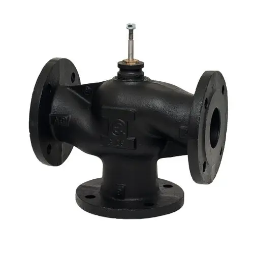 Drei-Wege-Ventil von ESBE mit Flanschen, kompaktem Design und einer Verbindung für einen Druck von PN16. Ideal für verschiedene Rohrleitungssysteme.